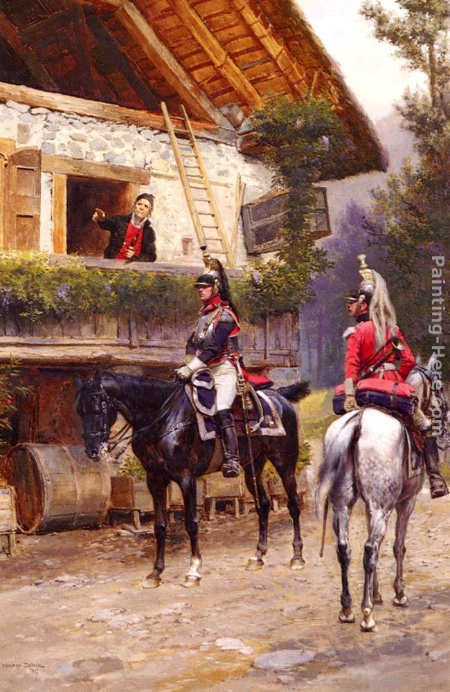 Jean Baptiste Edouard Detaille Officers from a Cuirassier Regiment in front of a Country House